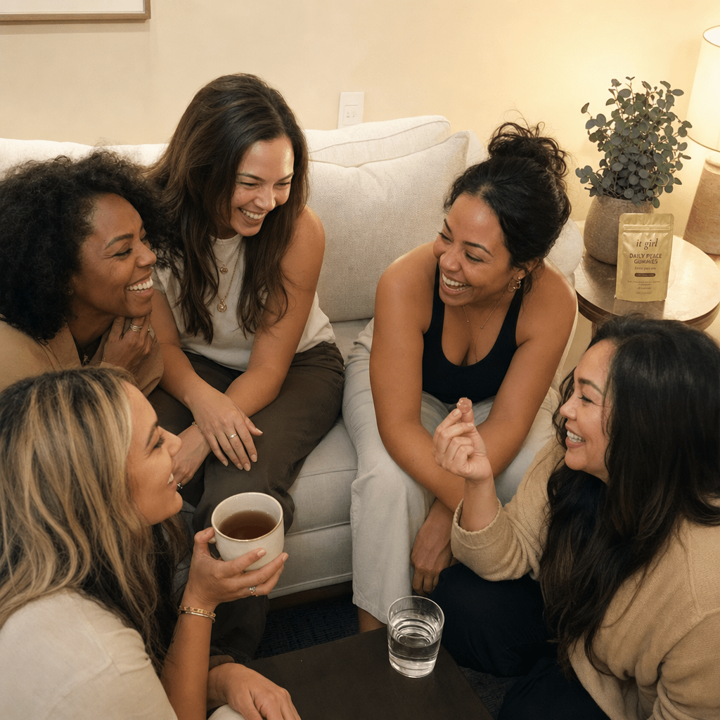 Warm candid group of women in their thirties and forties laughing together in a sunlit living room with tea and water, a gold Daily Peace pouch resting nearby