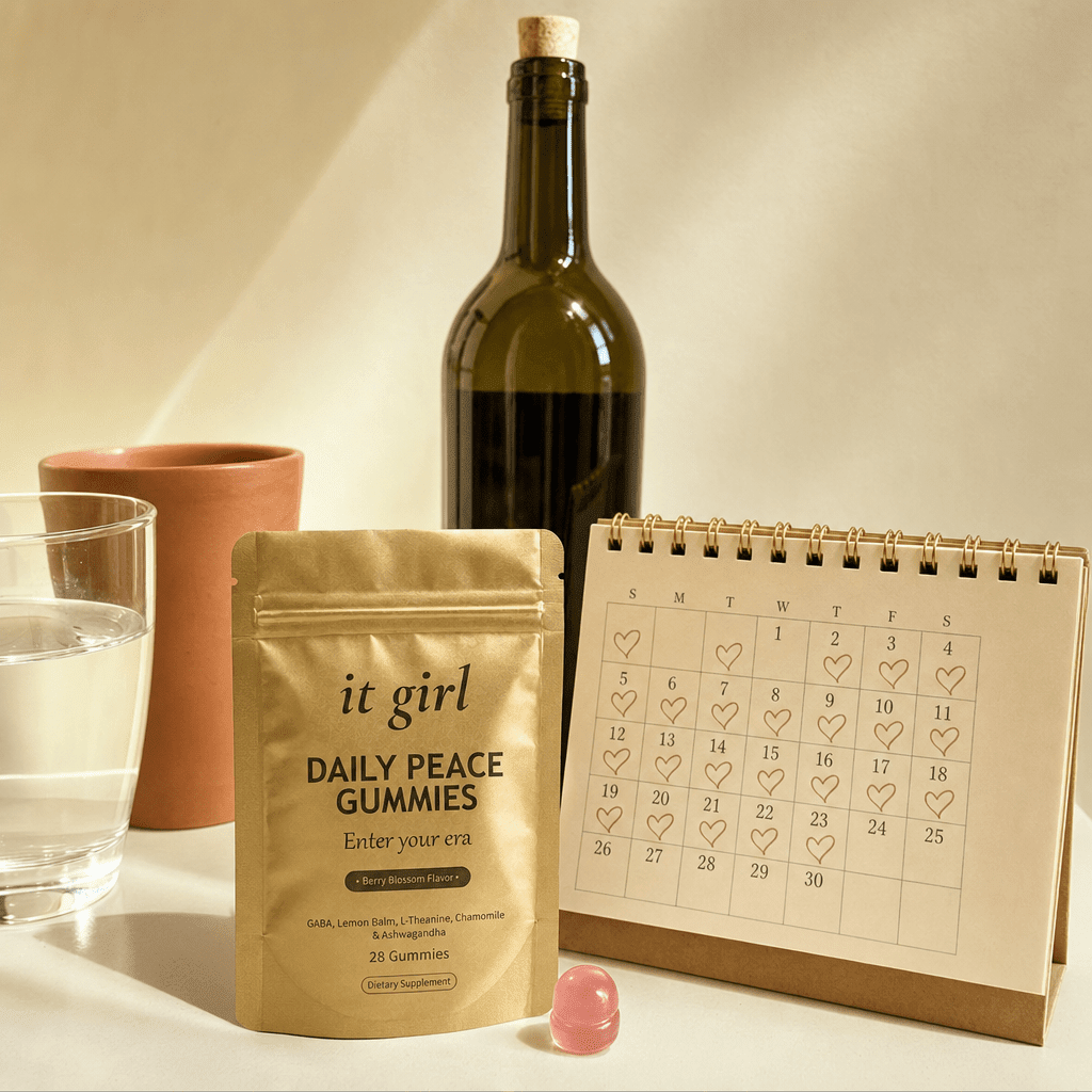 The palm-sized It Girl Daily Peace pouch and a month calendar beside one bottle of wine, showing a whole month of calm costs less than a single nightly habit
