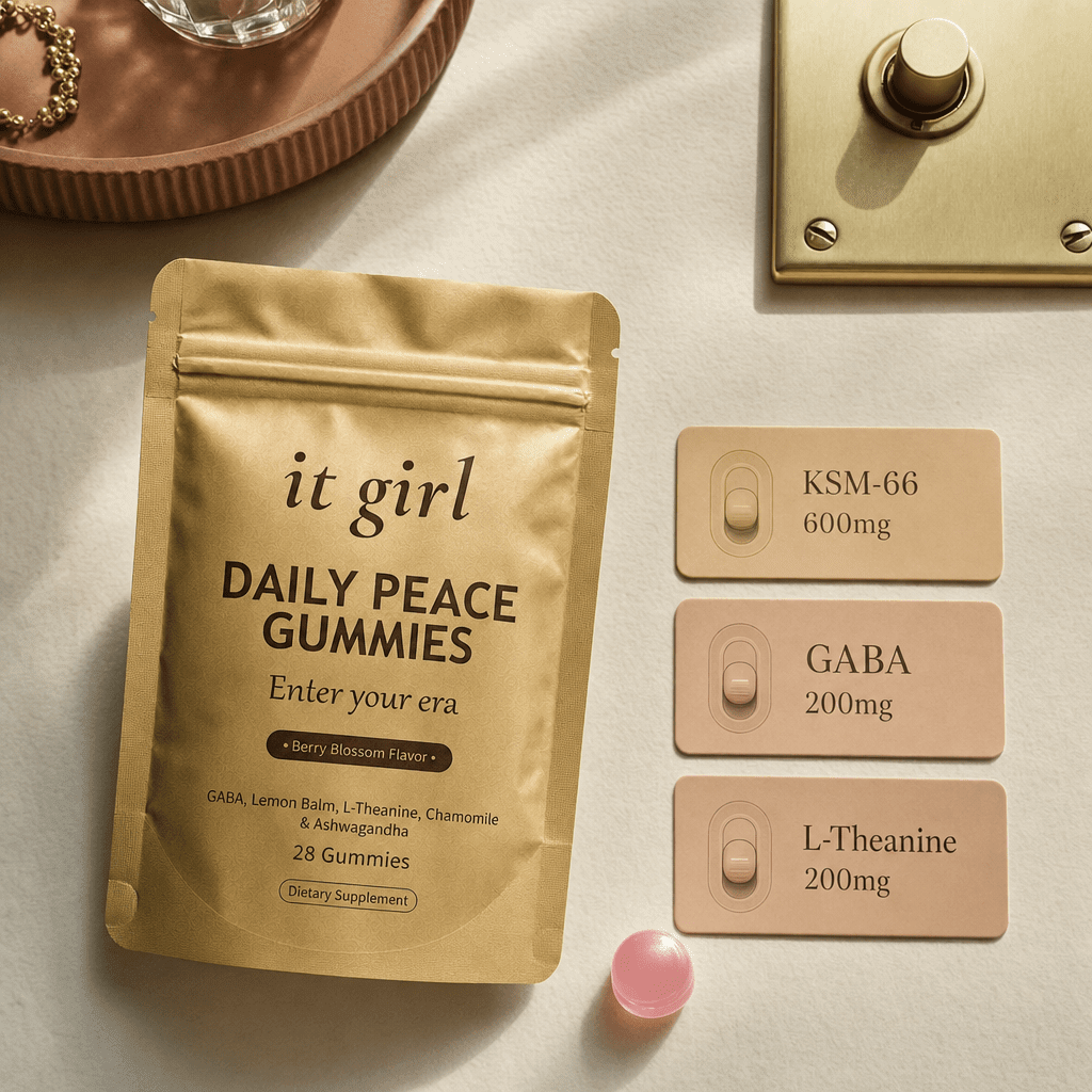 Three warm dose cards reading KSM-66 600mg, GABA 200mg, L-Theanine 200mg beside a single gummy on a cream surface, the studied dose