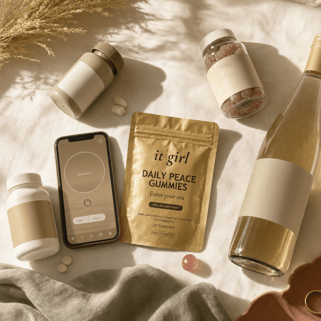 Cream counter of the calm-down swaps that never worked, a magnesium bottle, a melatonin bottle, a phone showing a meditation app, a generic ashwagandha jar, the gold Daily Peace pouch chosen forward