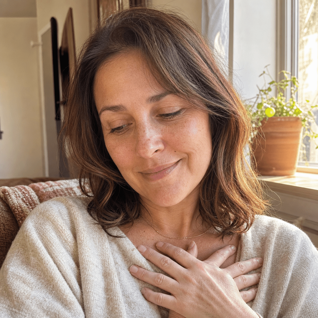 Mom about forty in a quiet moment of self-forgiveness, both hands resting over her own heart in soft warm morning light, the years of self-blame lifting