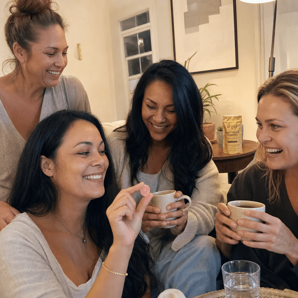 Warm candid group of women in their thirties and forties laughing together in a sunlit living room with tea and water, a gold Daily Peace pouch resting nearby