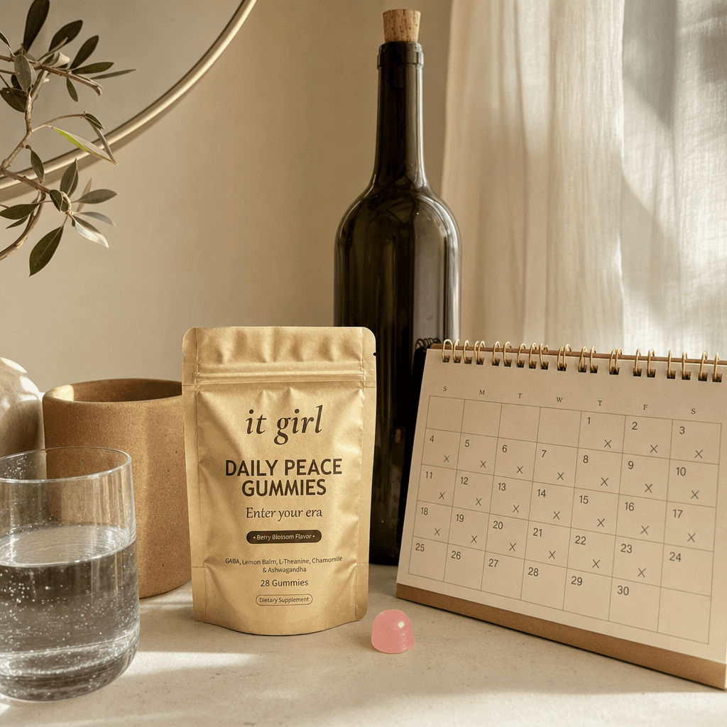 The palm-sized It Girl Daily Peace pouch and a month calendar beside one bottle of wine, showing a whole month of calm costs less than a single nightly habit