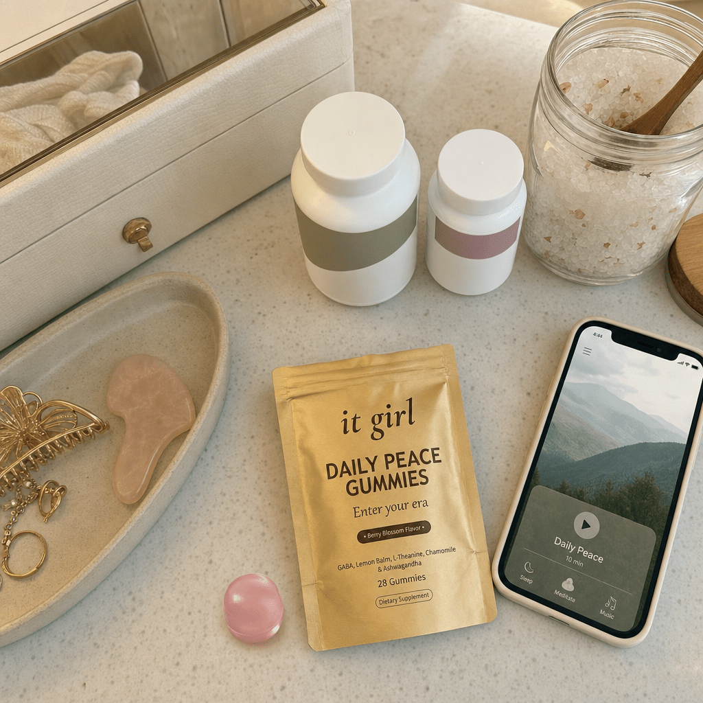 A relax-drawer of swaps pushed aside on a counter, a magnesium bottle, a melatonin bottle, a phone showing a meditation app and a bath soak, with the real It Girl Daily Peace pouch forward and chosen
