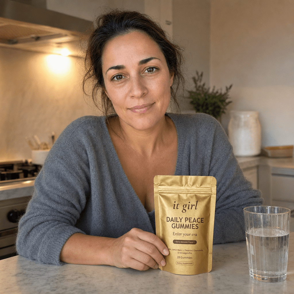 The same working mom in her kitchen at 5:30 in the early evening, calm and done-up, resting her hand on the gold Daily Peace pouch and taking an easy exhale instead of bracing for the night
