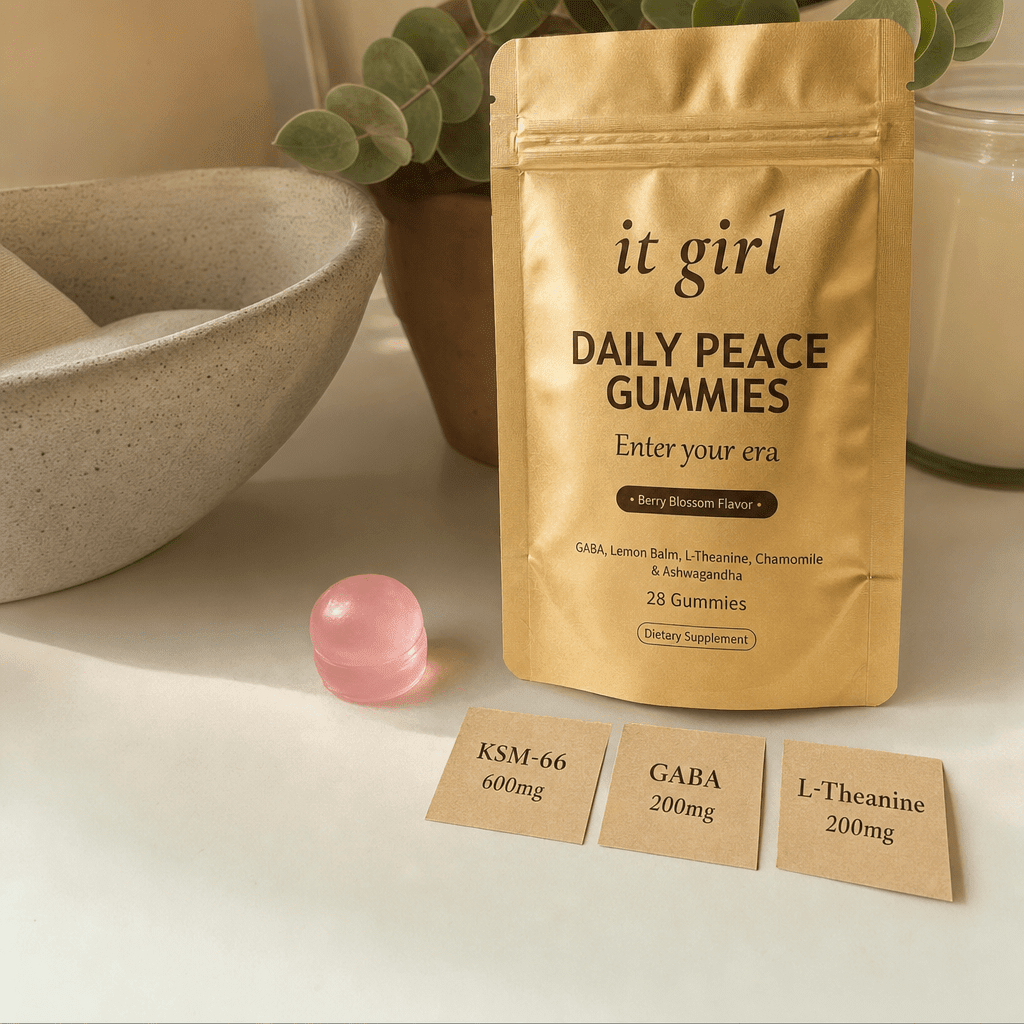Three warm dose cards reading KSM-66 600mg, GABA 200mg, L-Theanine 200mg beside a single gummy and the gold pouch on a cream surface, the studied dose
