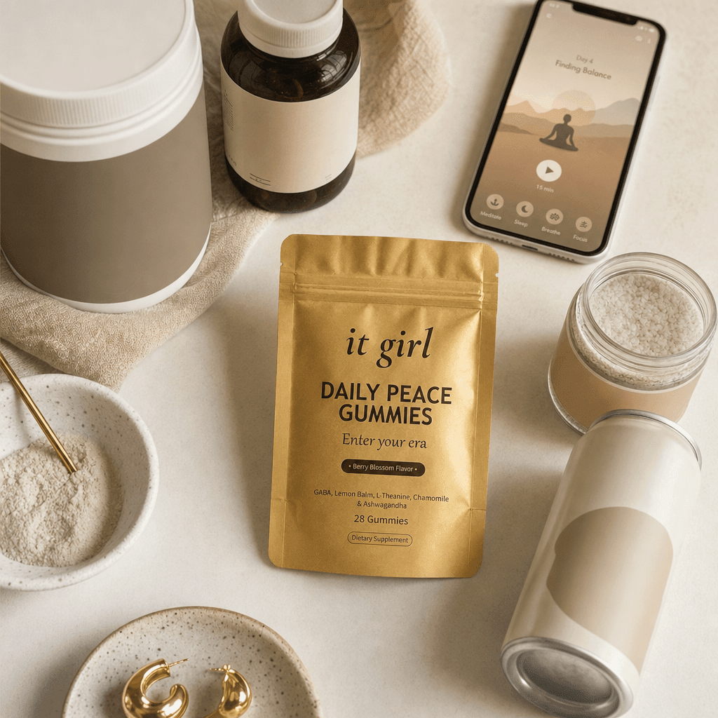 Cream counter of the relax-drawer swaps pushed aside, a magnesium bottle, a sleep-supplement bottle, a phone showing a meditation app, a bath-soak jar, a non-alcoholic wine can, with the gold Daily Peace pouch forward and chosen