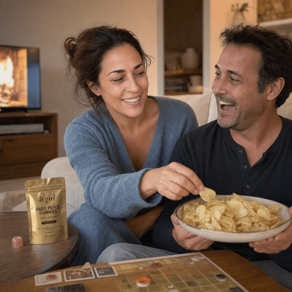 The same working mom back in her own living room on game night, done-up and laughing as she steals a chip off her husband's plate, the gold Daily Peace pouch resting on the side table