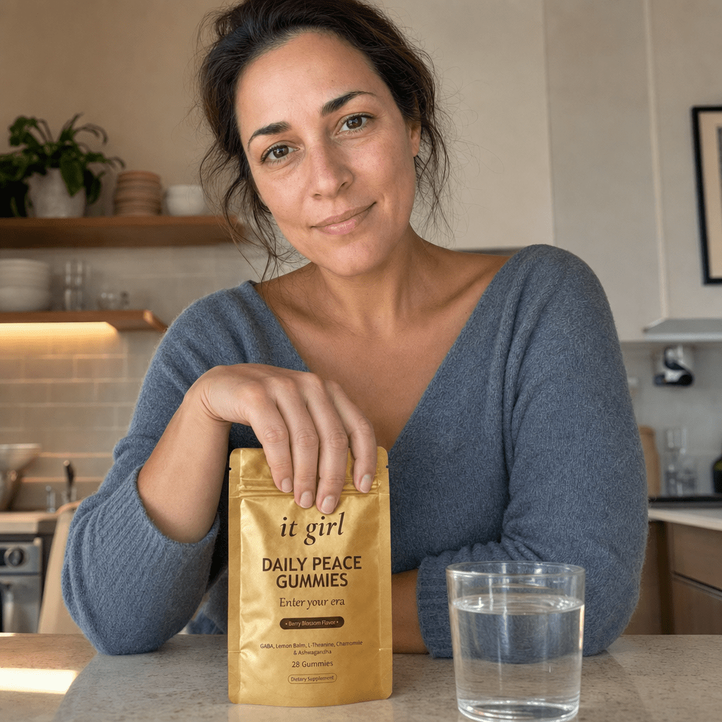 The same working mom in her kitchen at 5:30 in the early evening, calm and done-up, resting her hand on the gold Daily Peace pouch and taking an easy exhale instead of bracing for the night