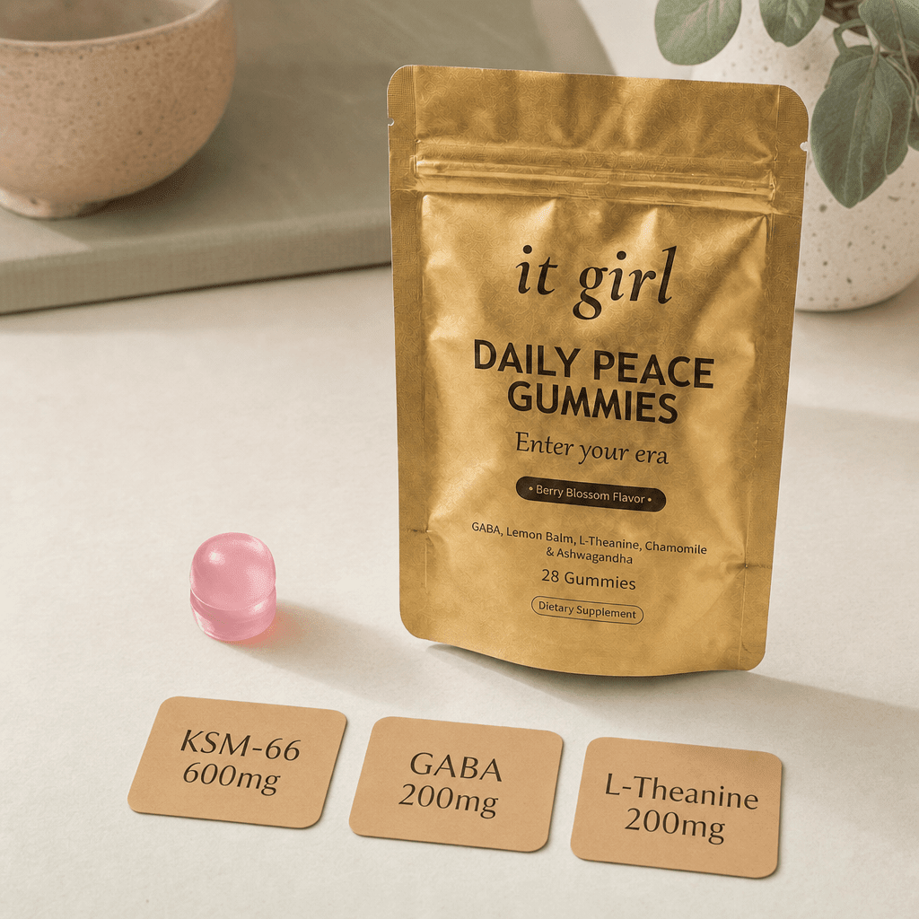 Three warm dose cards reading KSM-66 600mg, GABA 200mg, L-Theanine 200mg beside a single gummy and the gold pouch on a cream surface, the studied dose