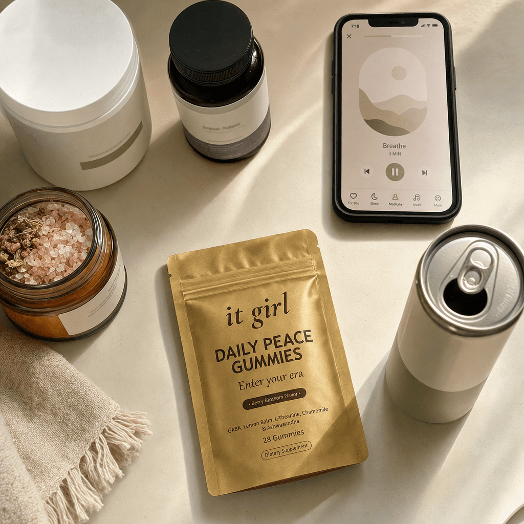 Cream counter of the relax-drawer swaps pushed aside, a magnesium bottle, a sleep-supplement bottle, a phone showing a meditation app, a bath-soak jar, a non-alcoholic wine can, with the gold Daily Peace pouch forward and chosen