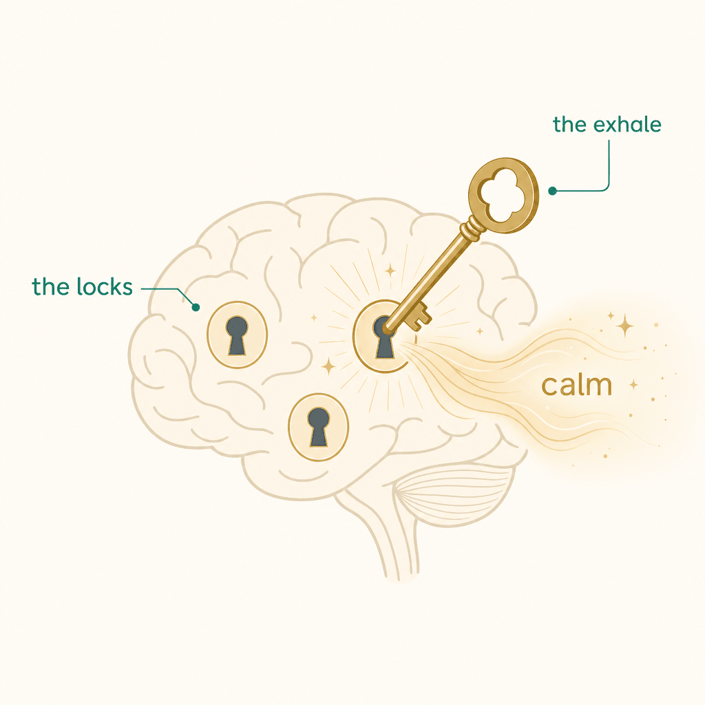 Editorial infographic of tiny receptor locks in the brain opening as a gold key turns and releases a soft calm glow, short labels only, no people