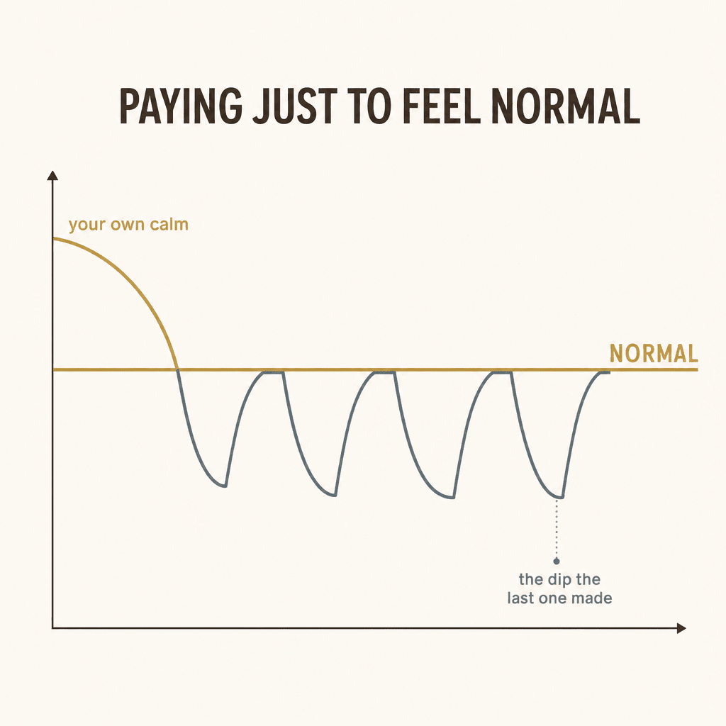 Editorial line-graph infographic showing a calm baseline that keeps dipping and being dragged back to a flat normal line, labeled paying just to feel normal, no people