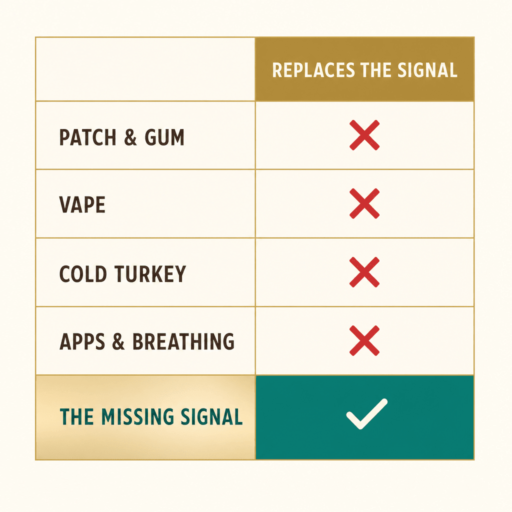 Editorial comparison chart with red X marks showing patch and gum, vape, cold turkey, and apps each failing to replace the missing calm signal, short labels only, no people
