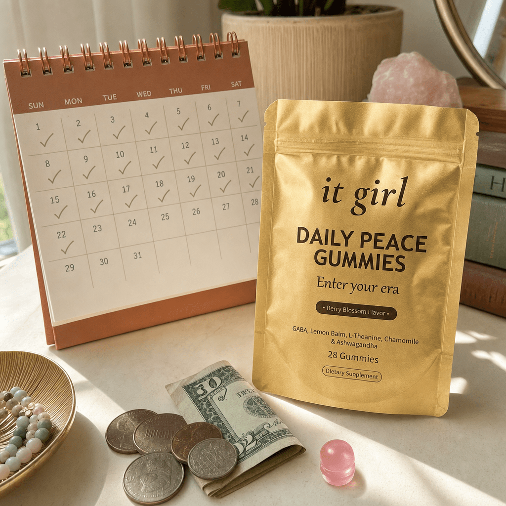 The palm-sized Daily Peace pouch beside a month calendar and a few coins, a whole month of calm for about a dollar a day