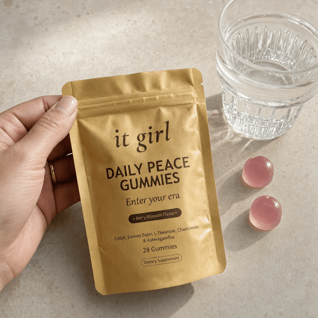 The real soft-gold It Girl Daily Peace pouch laid at palm scale on a warm cream surface with a few gummies and a glass of water, the studied doses in plain daylight