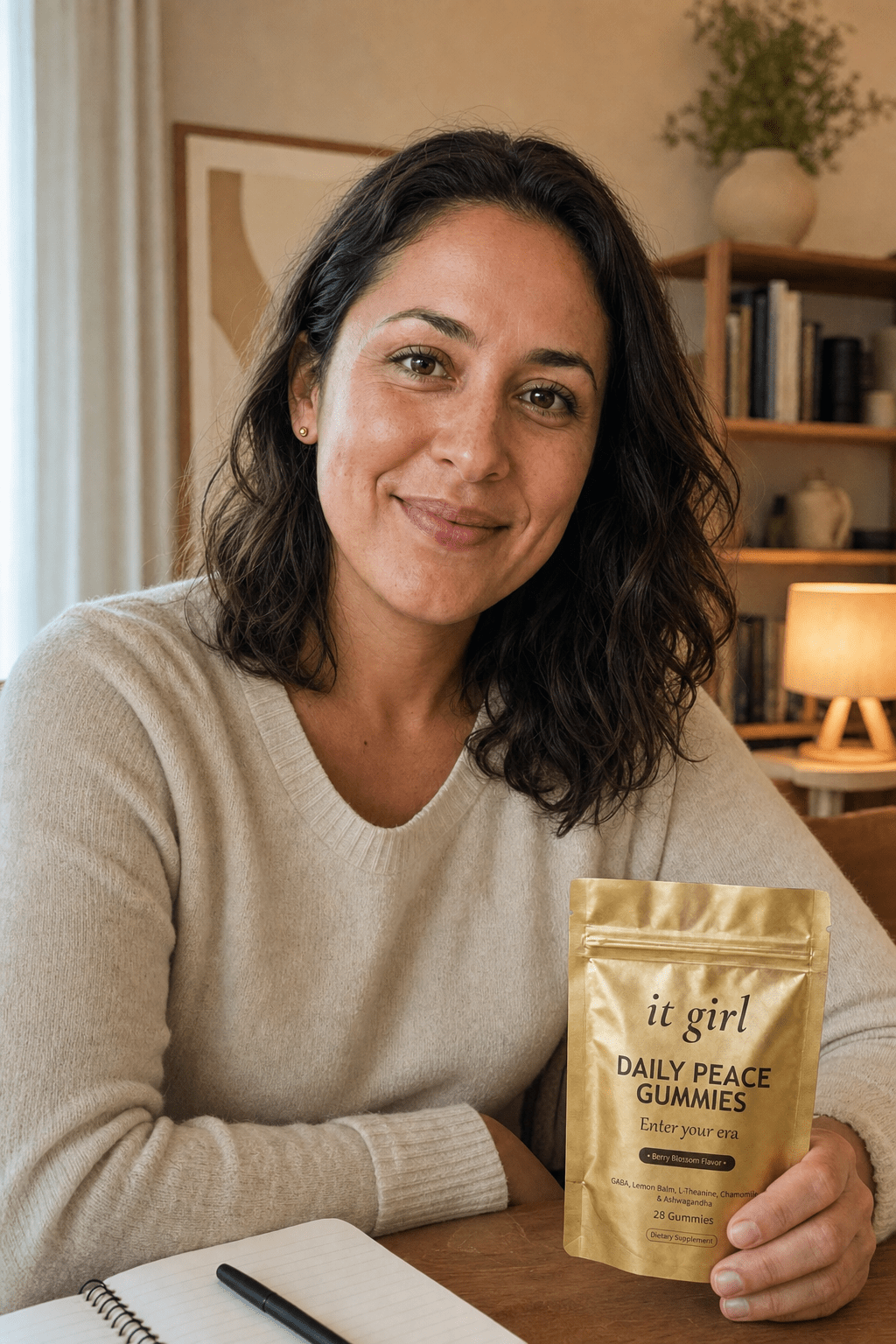 Maya Ellison, a warm licensed therapist in her early thirties, sitting in a calm cream-toned office looking at the camera with a genuine open expression, the gold It Girl Daily Peace pouch resting on the desk beside her notebook
