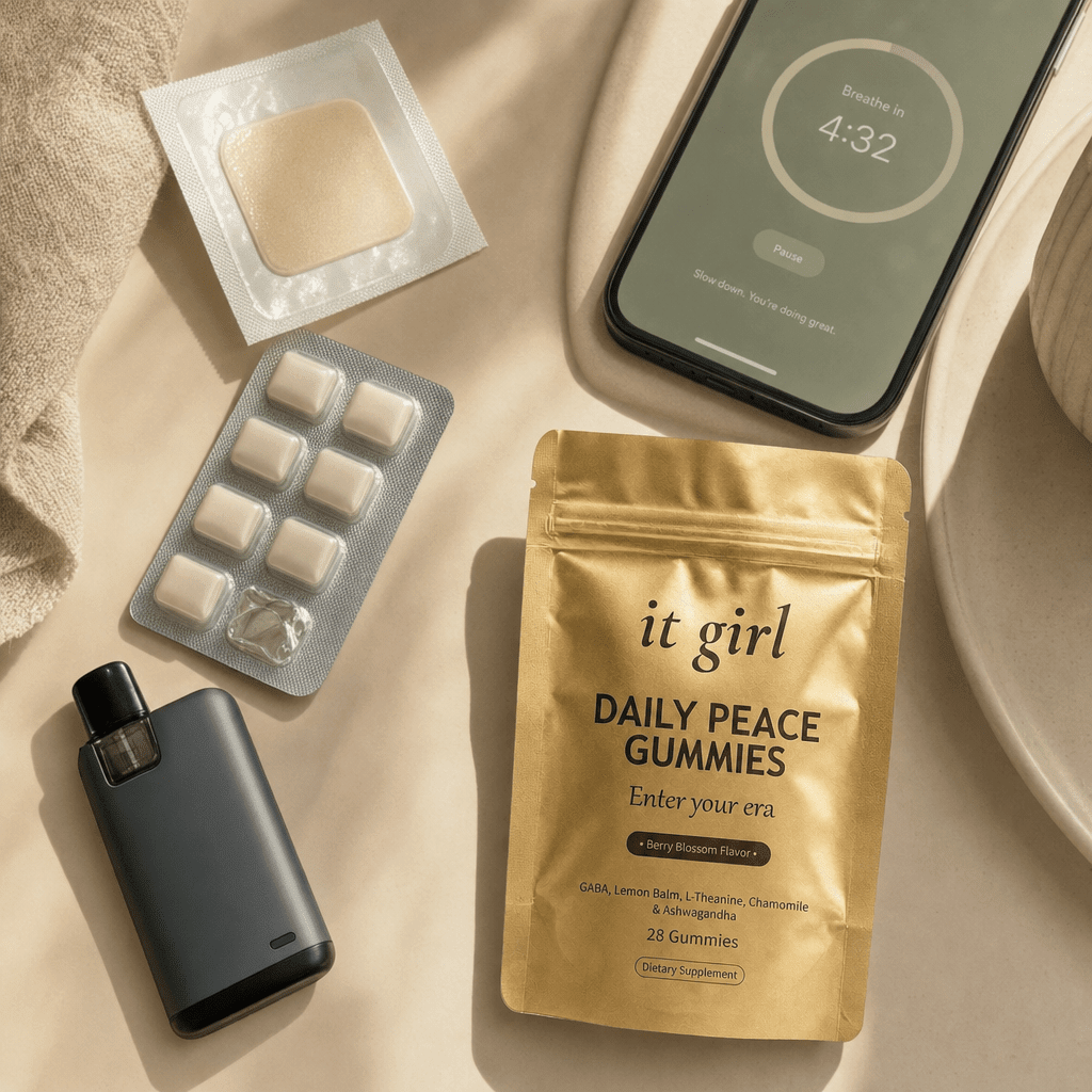 A cream flat-lay of the swaps that missed, a nicotine patch, nicotine gum, a vape device, and a phone showing a breathing app set aside, with the gold It Girl Daily Peace pouch set apart as the one that is different
