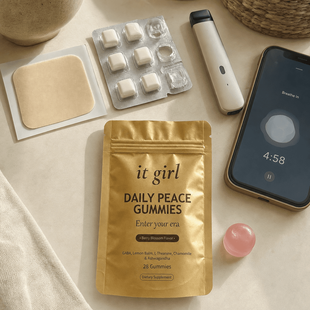 A cream flat-lay of the swaps that missed, a nicotine patch, nicotine gum, a vape device, and a phone showing a breathing app, all set aside