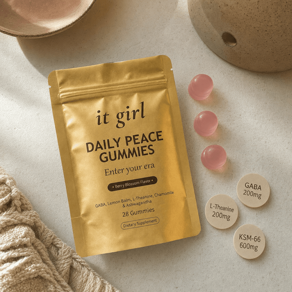 The gold It Girl Daily Peace pouch laid open with berry-blossom gummies beside it and dose chips reading GABA 200mg, L-Theanine 200mg, KSM-66 600mg