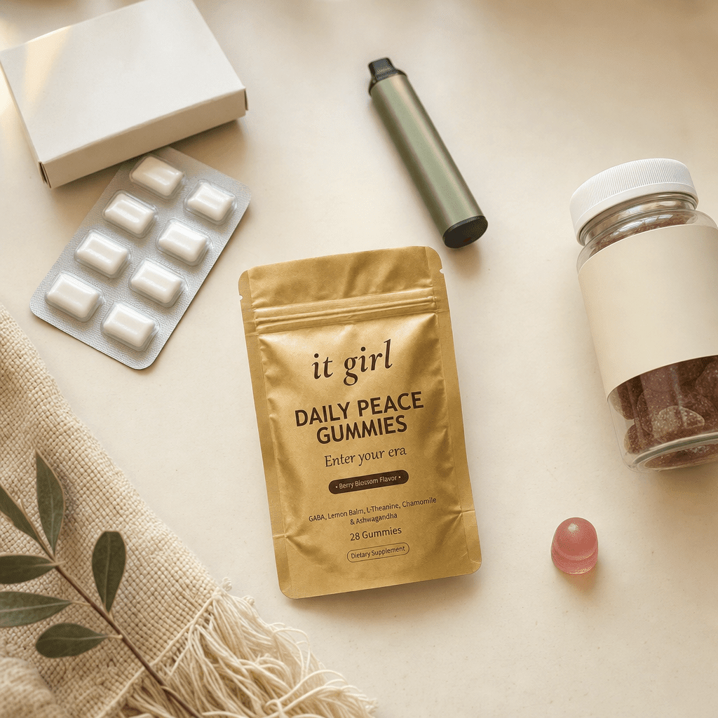 Cream flat-lay of the swaps that missed, a nicotine patch box, a gum pack, a small vape device and a generic ashwagandha jar pushed aside, the gold Daily Peace pouch forward and chosen