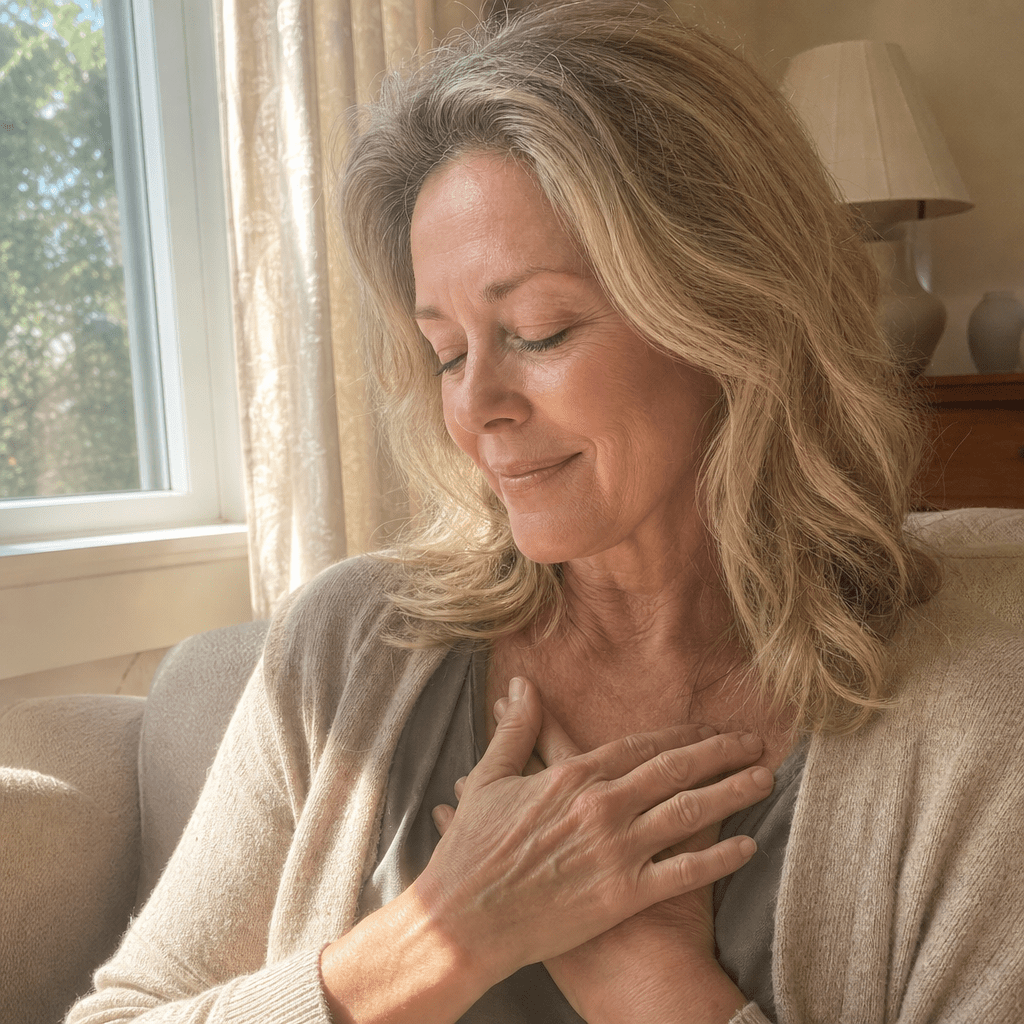 Woman in her late forties in a quiet candid moment of self-forgiveness, both hands resting over her own heart in soft warm morning light, the years of self-blame lifting