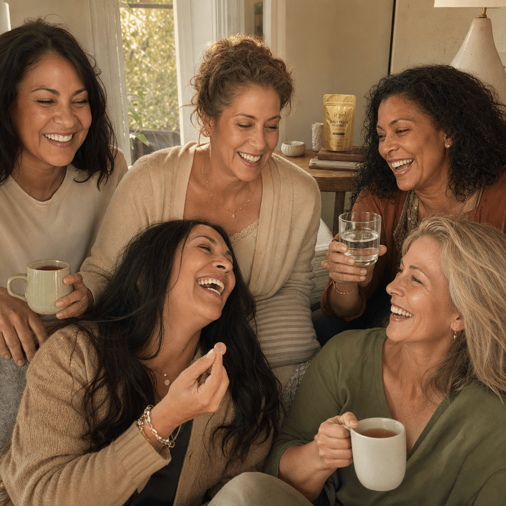 Relaxed group of women in their forties to sixties laughing together with tea and water in a warm living room, a gold Daily Peace pouch resting nearby, not the only one