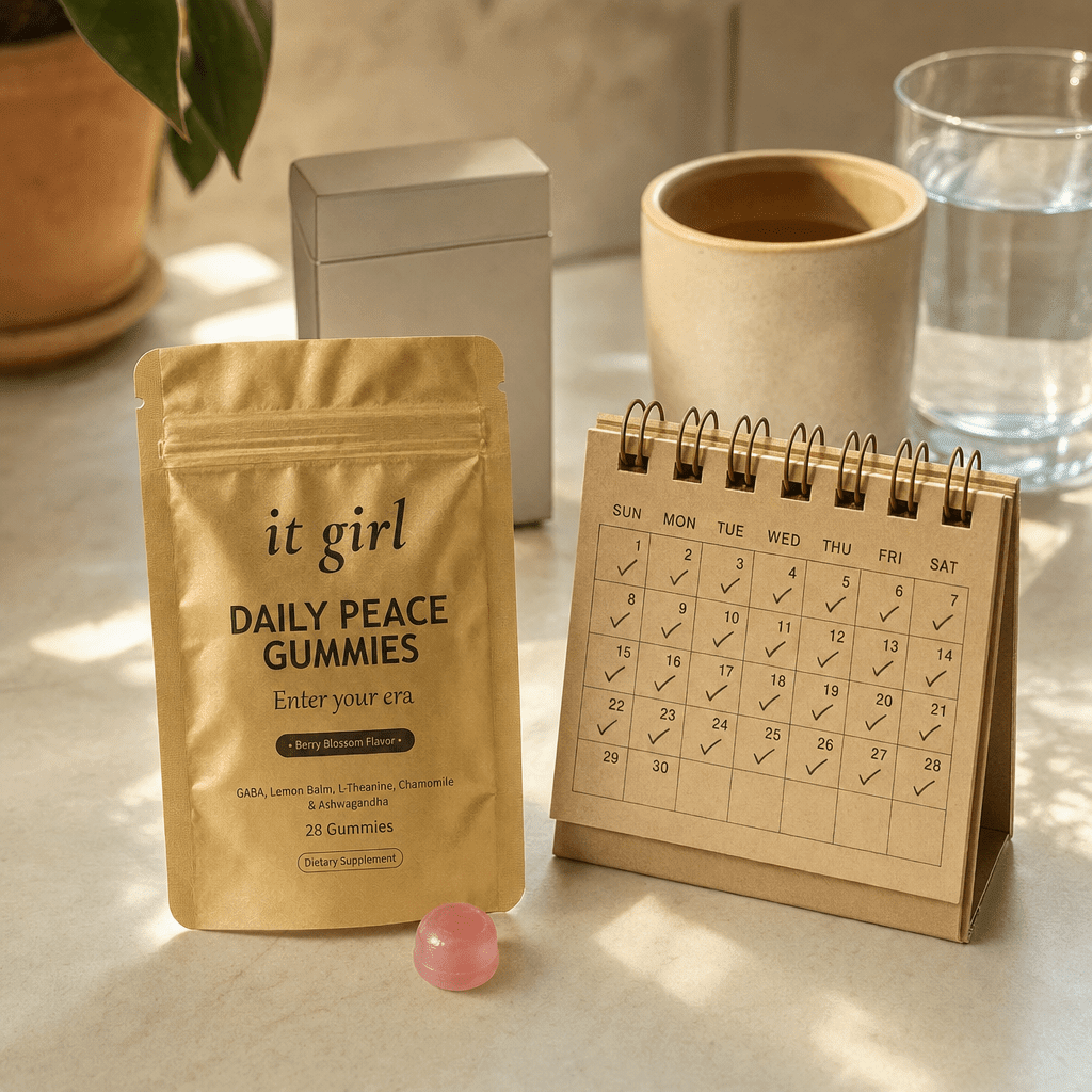 The palm-sized gold It Girl Daily Peace pouch and a month calendar in sharp focus on a cream surface, one plain unbranded cigarette pack soft-focused behind them, a whole month of calm for less than the habit costs