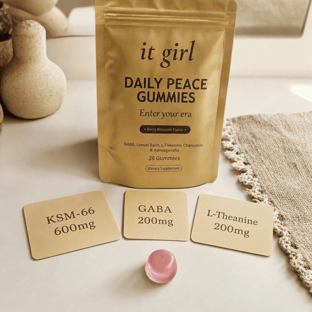 Three warm dose cards reading KSM-66 600mg, GABA 200mg, L-Theanine 200mg beside a single gummy on a cream surface, the studied dose