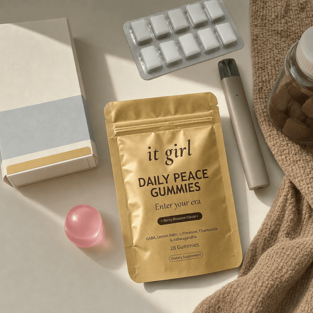 Cream flat-lay of the swaps that missed, a nicotine patch box, a gum pack, a small vape device and a generic ashwagandha jar pushed aside, the gold Daily Peace pouch forward and chosen