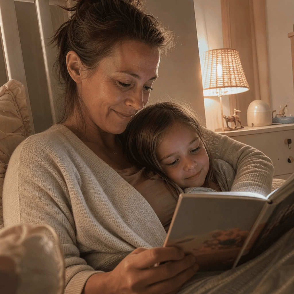 Mom in her forties reading a bedtime story to her child, both calm and fully present, no part of her counting down to the door, soft warm lamp light, the guilt lifting