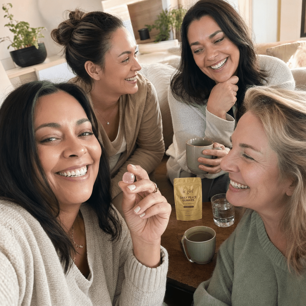 Relaxed group of women in their thirties to fifties laughing together with tea and water in a warm living room, a gold Daily Peace pouch resting nearby, not the only one