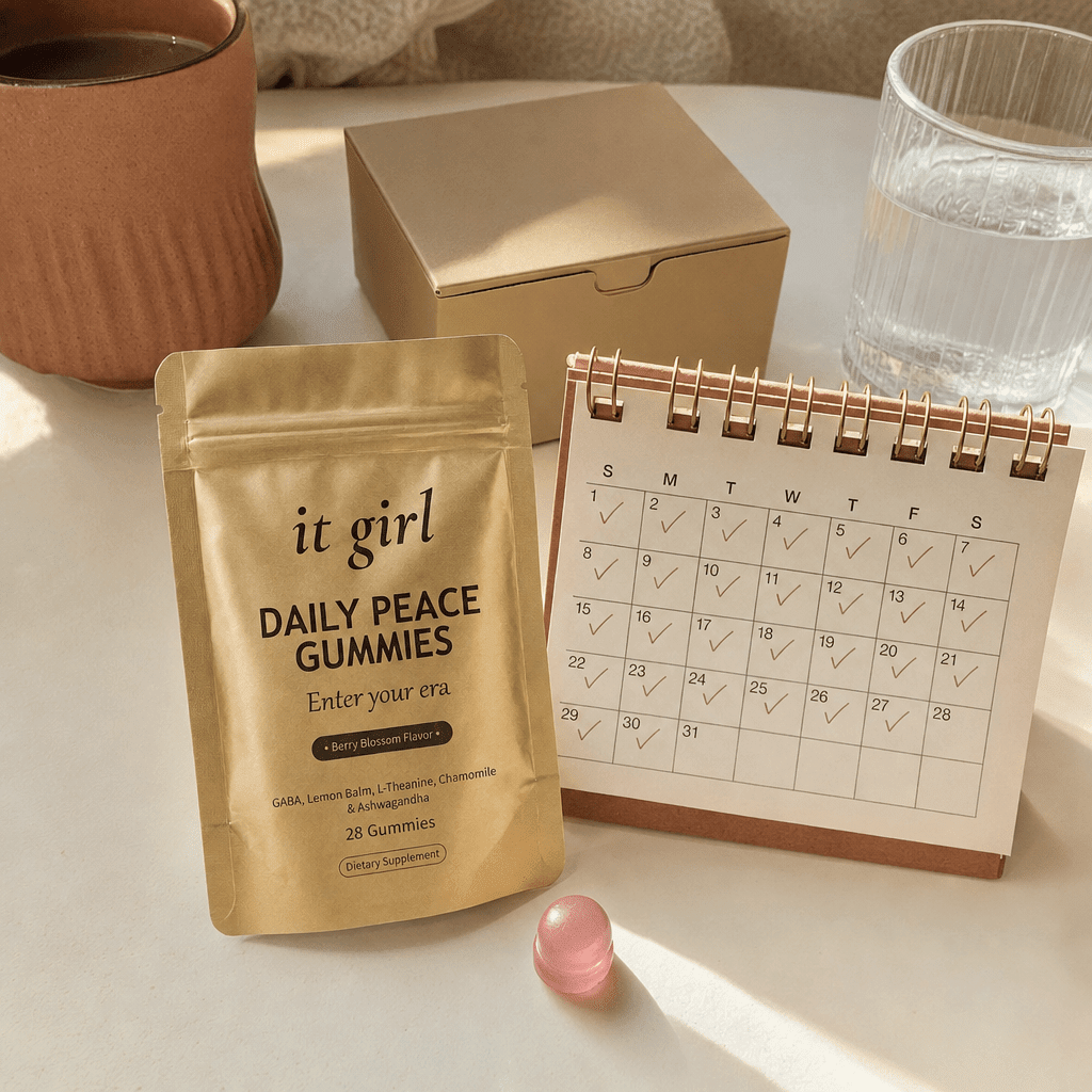 The palm-sized gold It Girl Daily Peace pouch and a month calendar in sharp focus on a cream surface, one plain unbranded box soft-focused behind them, a whole month of calm for less than the habit costs