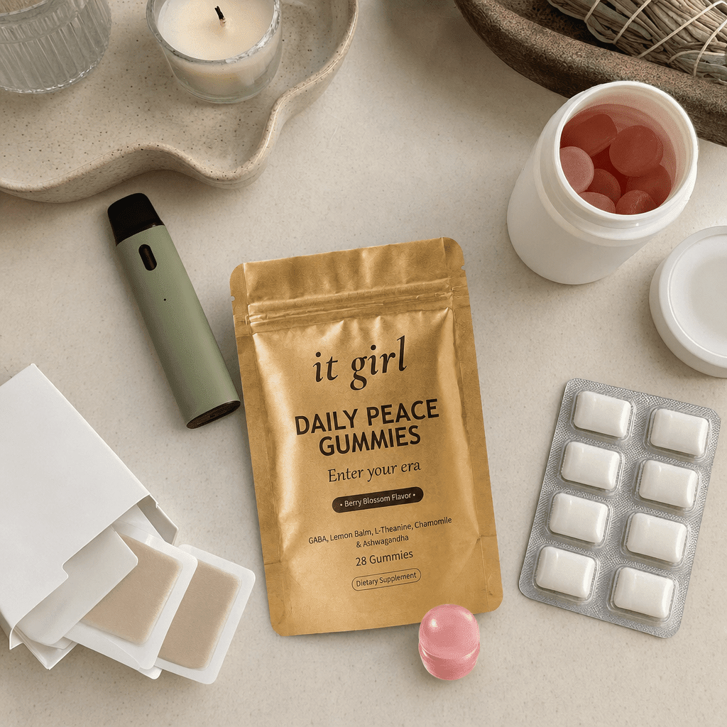 Cream flat-lay of the swaps that missed, a nicotine patch box, a gum pack, a small vape device and a generic ashwagandha jar pushed aside, the gold Daily Peace pouch forward and chosen
