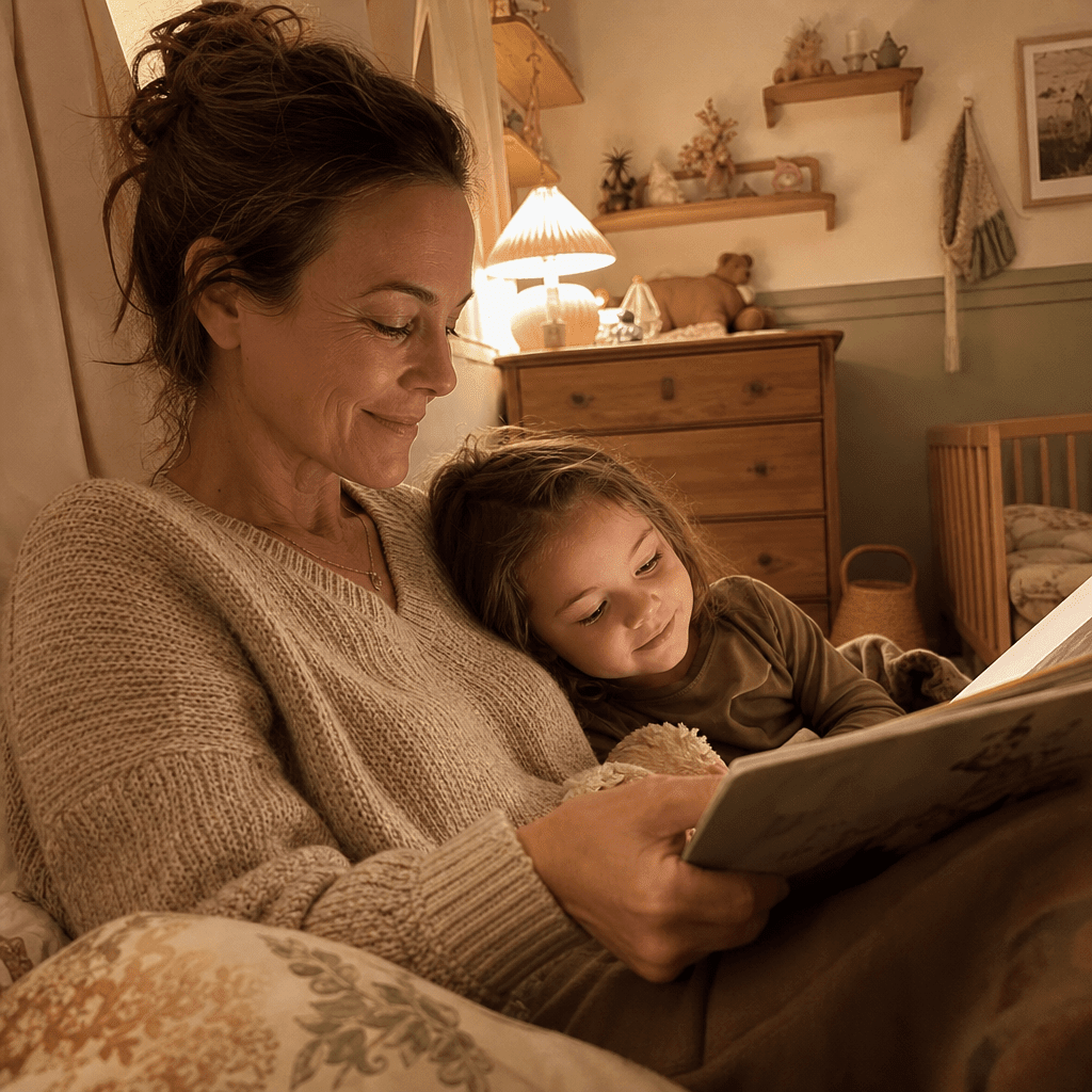 Mom in her forties reading a bedtime story to her child, both calm and fully present, no part of her counting down to the door, soft warm lamp light, the guilt lifting