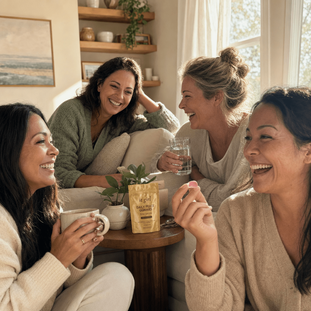 Relaxed group of women in their thirties to fifties laughing together with tea and water in a warm living room, a gold Daily Peace pouch resting nearby, not the only one