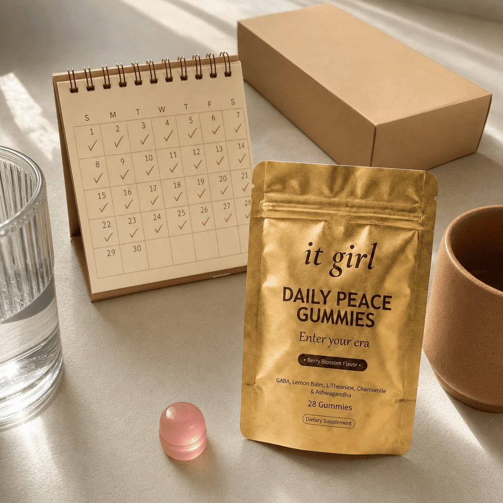The palm-sized gold It Girl Daily Peace pouch and a month calendar in sharp focus on a cream surface, one plain unbranded box soft-focused behind them, a whole month of calm for less than the habit costs