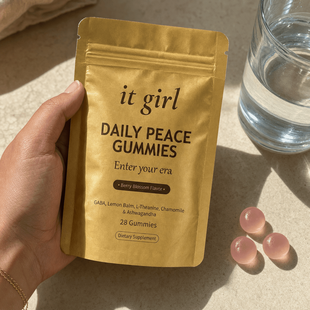 The real It Girl Daily Peace pouch held at palm scale with gummies and water in soft daylight