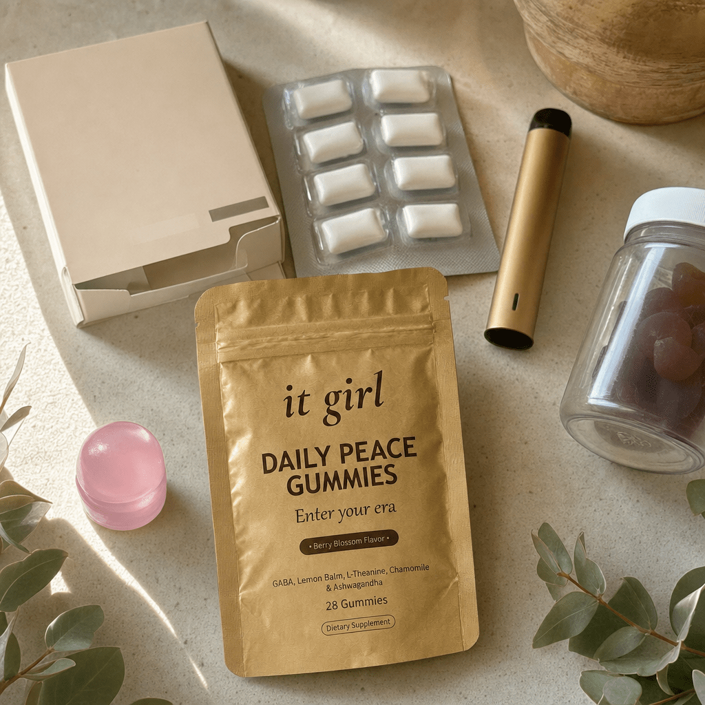 Cream flat-lay of the swaps that missed, a plain patch box, a gum pack, a small vape device and a generic ashwagandha jar pushed aside, the gold Daily Peace pouch forward and chosen