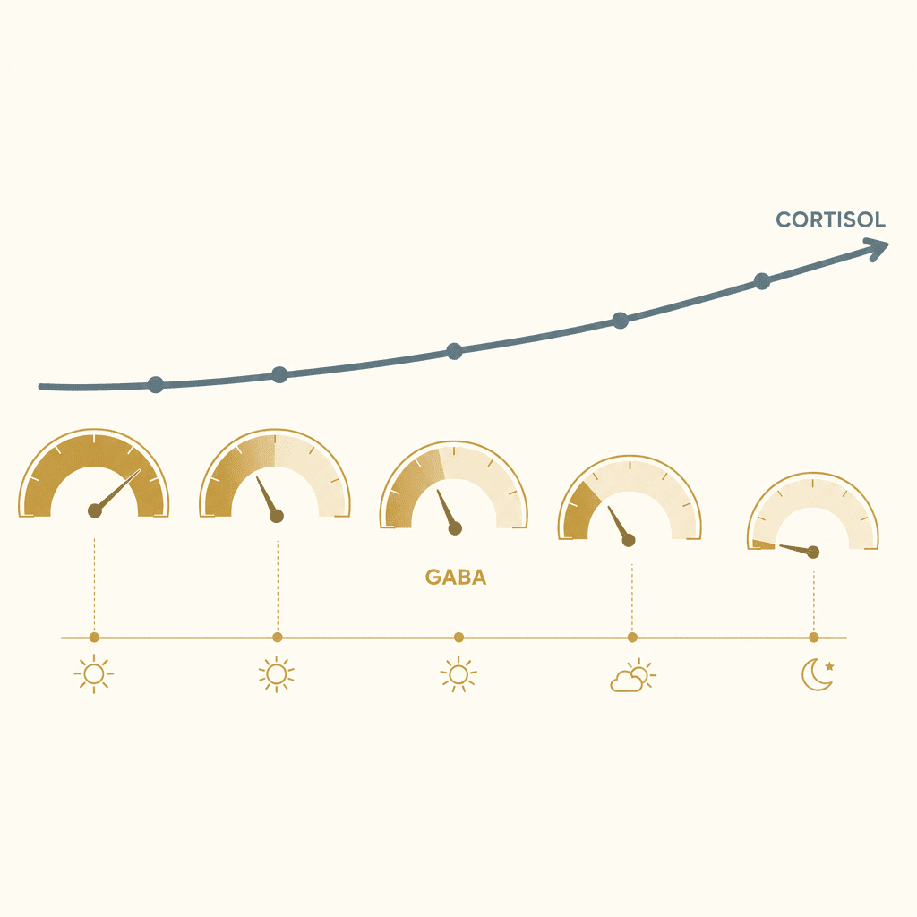 Editorial infographic showing the GABA calm-signal gauge draining as the cortisol line rises across the day, nearly empty by 7pm, the drained signal behind the evening reach, no people
