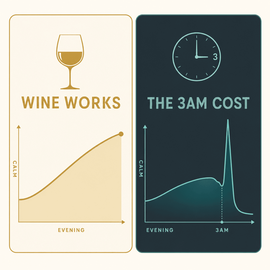 A two-panel infographic contrasting a warm gold 'wine works' calm curve against a cool slate panel where the curve spikes at a 3am clock, the rebound cost