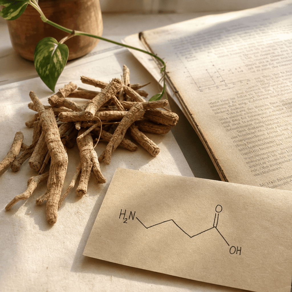 Dried ancient ashwagandha root beside an aged research page and a hand-drawn GABA molecule card, a 5,000-year-old compound rediscovered by science
