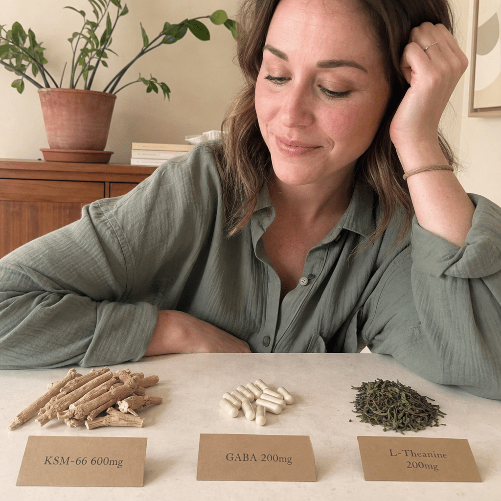 Three ingredient groupings on cream, ashwagandha root with a KSM-66 600mg card, GABA capsules with a 200mg card, and green tea leaves with an L-Theanine 200mg card, no product pouch