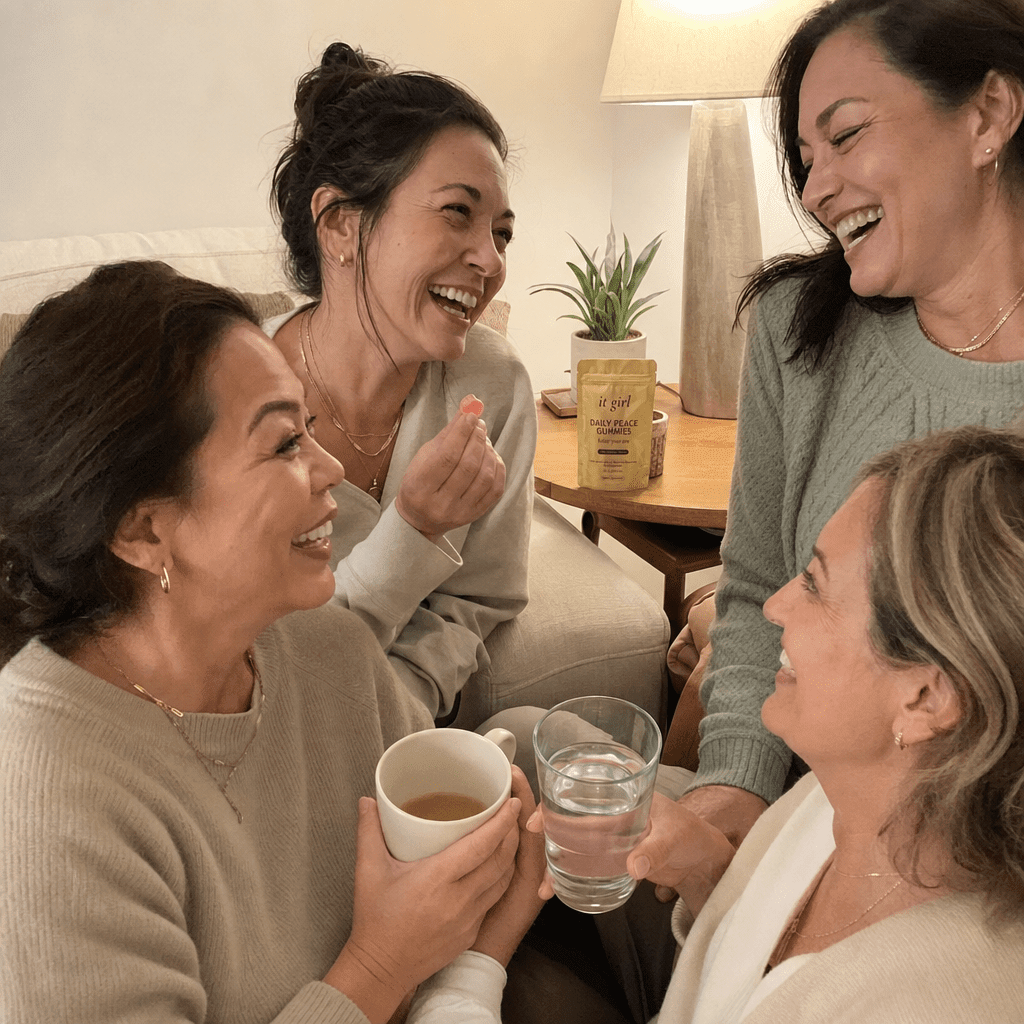 A relaxed group of women in their late thirties to fifties laughing together in a warm living room with a Daily Peace pouch resting nearby