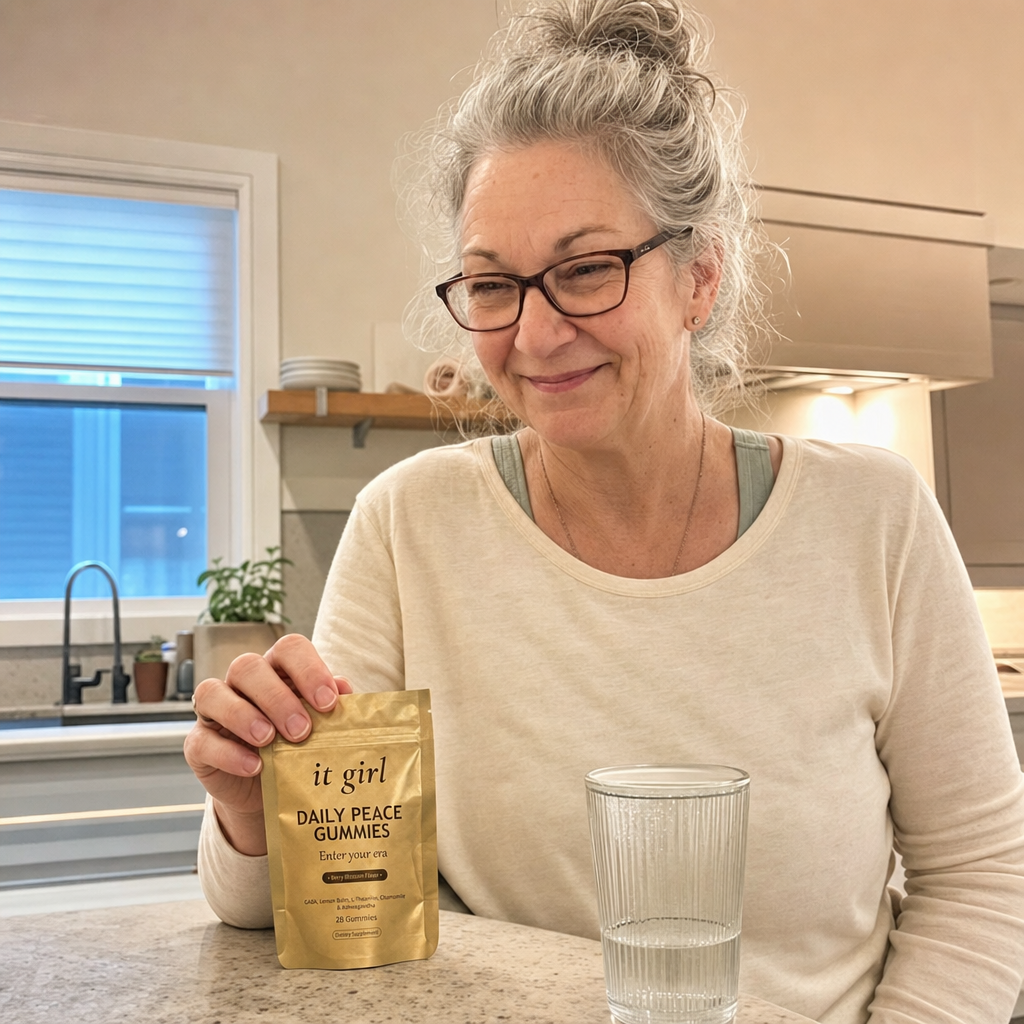 Woman about sixty in her early-evening kitchen, hand resting on the gold Daily Peace pouch, a calm exhale, a glass of water instead of a glass of wine