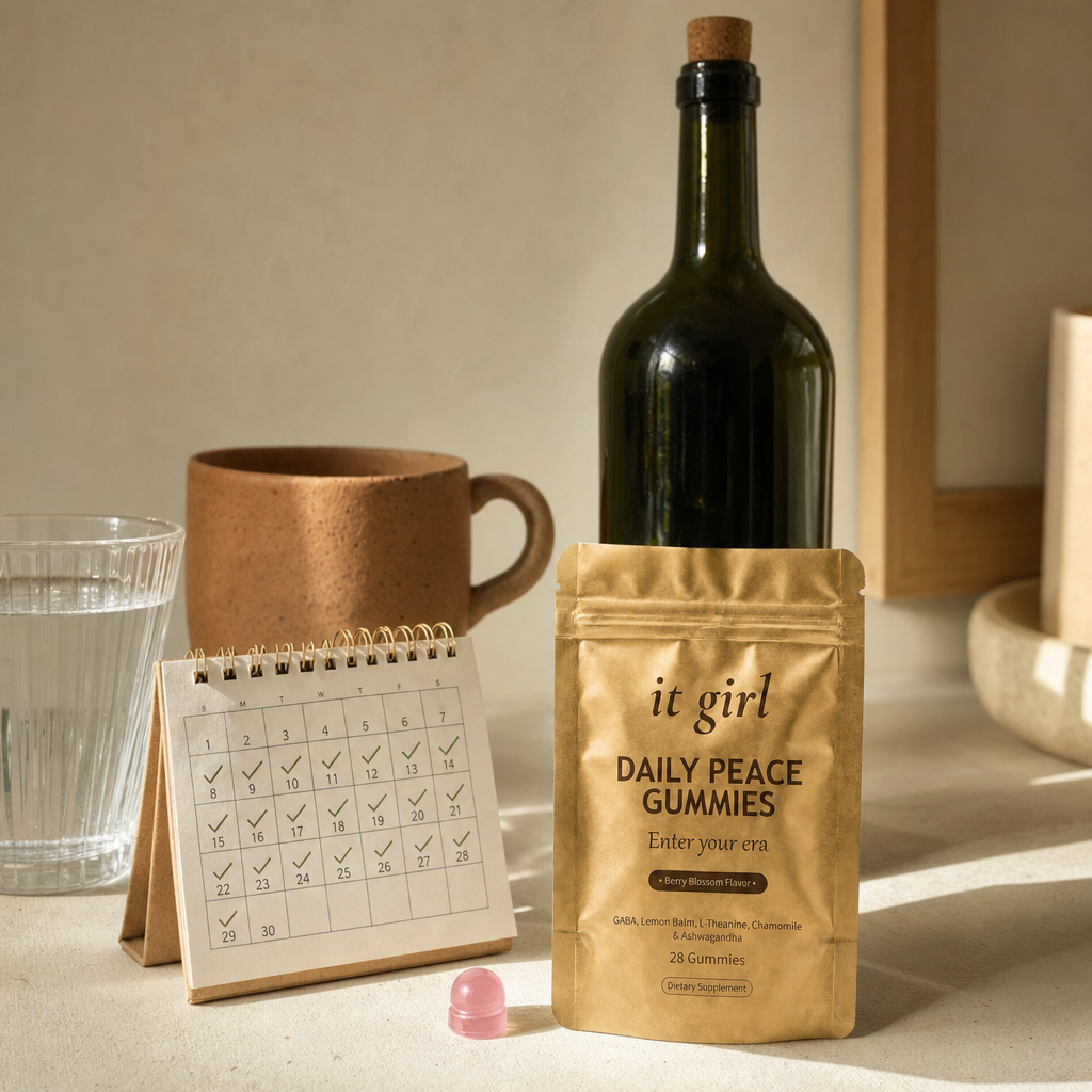 Gold Daily Peace pouch beside a month calendar and a glass of water, one unlabeled wine bottle behind, a whole month of calm for less than a bottle