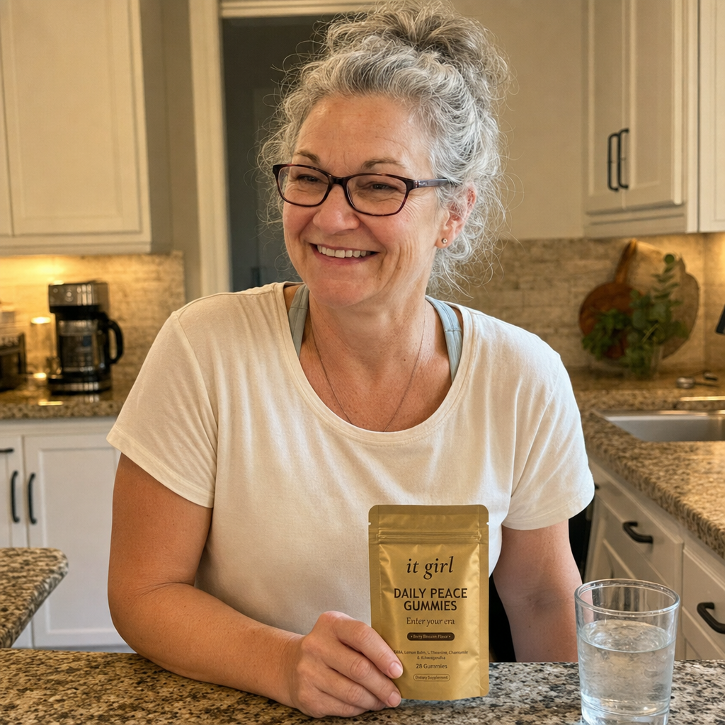 Woman about sixty in her early-evening kitchen, hand resting on the gold Daily Peace pouch, a calm exhale, a glass of water instead of a glass of wine