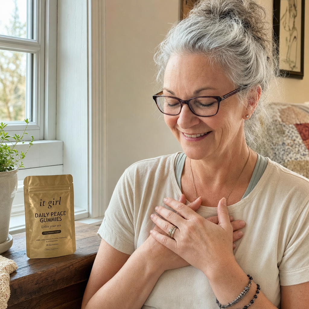 Woman about sixty at a window, hand resting on her chest, self-compassionate, the gold Daily Peace pouch resting nearby, she stopped blaming herself