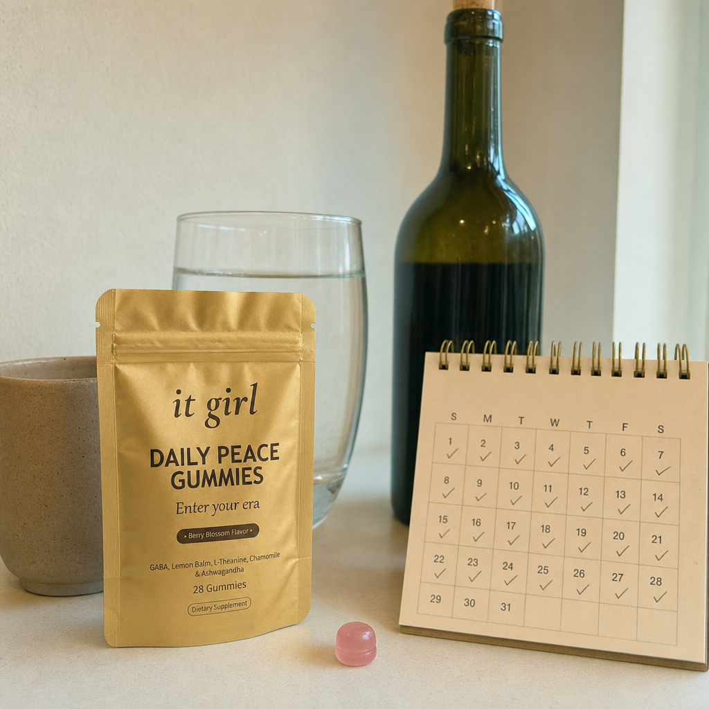 Gold Daily Peace pouch beside a month calendar and a glass of water, one unlabeled wine bottle behind, a whole month of calm for less than a bottle