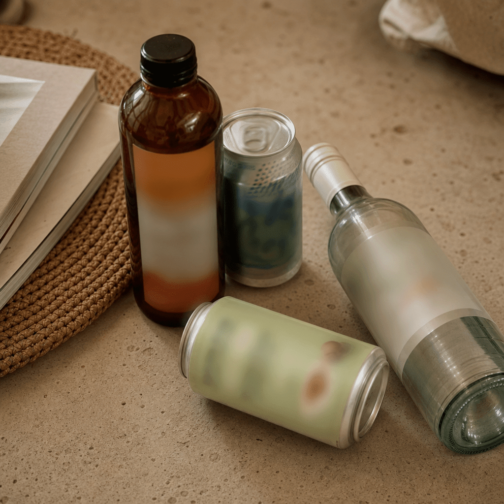 Flat-lay of the abandoned swaps a wine-quitting woman tried, pushed aside and unused, no product chosen yet